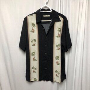 Batik Bay Hawaiian Shirt Mens Size Medium Black Beige Palm Tree Print Button Up